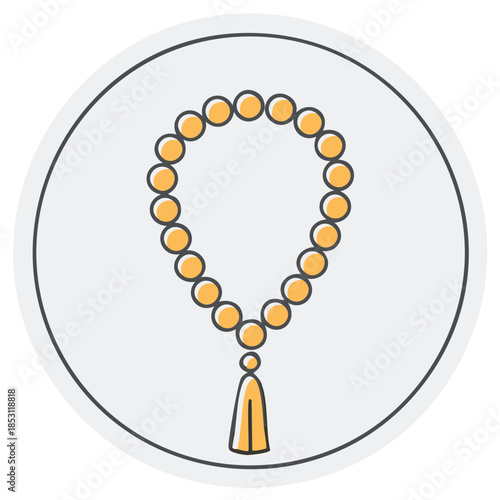 Religious prayer beads necklace with tassel illustration inside a circle