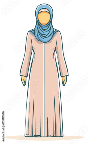 Cartoon illustration of a woman wearing a hijab and a long modest dress for Muslim women