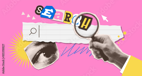 Pop art paper collage with halftone hand with loupe, eye and search box. Person looking for information in the search bar. Concept of searching, looking, finding in internet. SEO concept. Vector