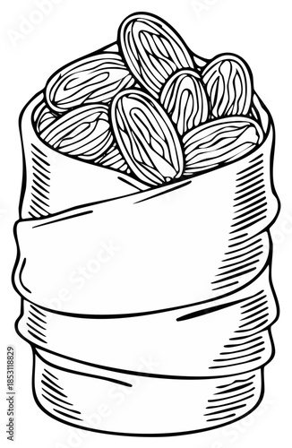 Black and white illustration of a bag of dried dates