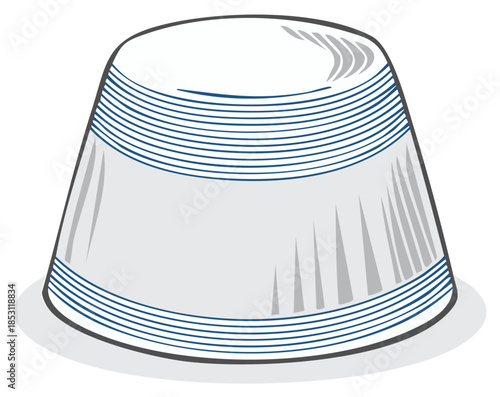 Simple flat illustration of a white cheese cake covered with a white cloth and blue stripes
