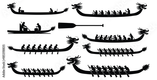 Collection of dragon boat silhouettes featuring various crew sizes and a single racing oar illustration