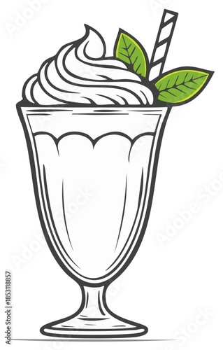Illustrated sweet cold drink with fluffy whipped cream green mint and a decorative straw