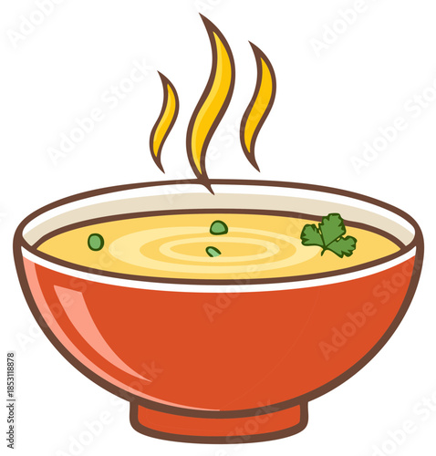 Delicious hot soup in a red bowl with steam rising and a parsley garnish