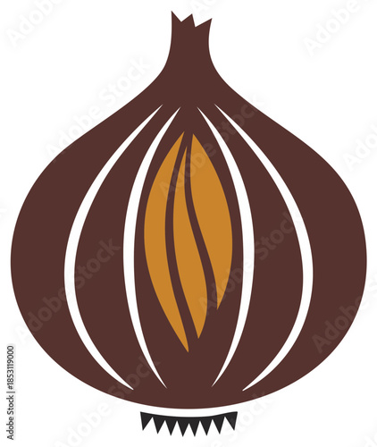 Stylized Brown Onion Vector Icon with a Decorative Cutaway View