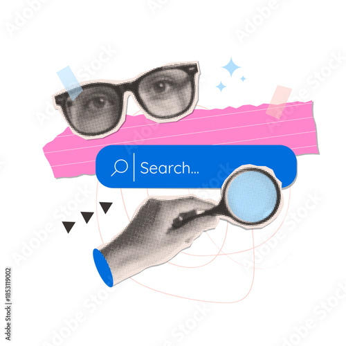 Search bar in retro paper collage style. Hand with magnifying glass and eyes in eyeglasses in halftone effect. Vector retro modern illustration with dots in pop art style on transparent background.