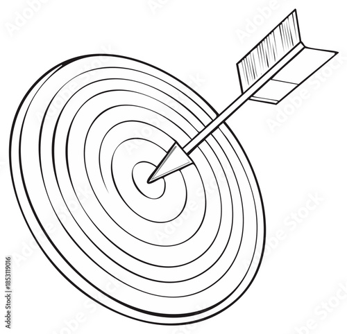 Arrow hitting target bulls eye. Conceptual illustration of aiming, success, or achievement.
