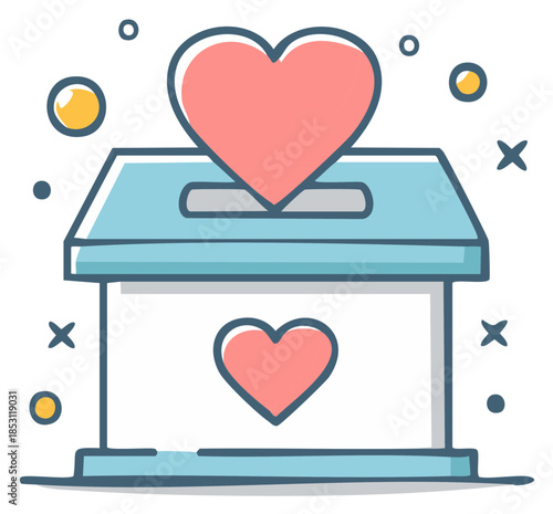 Donation box with heart illustrations, charity and giving concept.