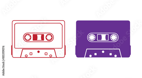 Vintage audio cassette tape icons in contrasting red outline and solid purple colors