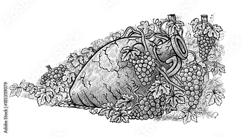 A vase or amphora for wine among grapes and vine. Hand-drawn sketch, vector illustration, isolated on a white background. Greece, Italy or Georgia wine