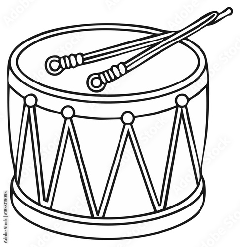 Black and white line art illustration of a toy drum with drumsticks, a classic musical percussion instrument outline