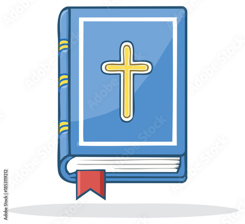Illustrated blue book with yellow cross and red bookmark, religious reading material illustration