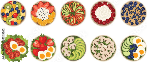 Healthy breakfast bowls illustration set featuring fruits vegetables eggs granola yogurt flat design for nutrition diet menu concept