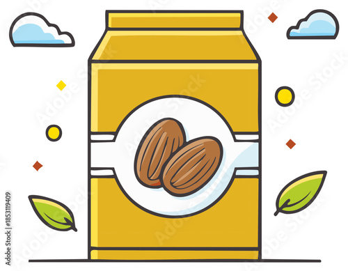 Almond Milk Carton Illustration Cartoon Food Beverage Dairy Free Drink Healthy Lifestyle