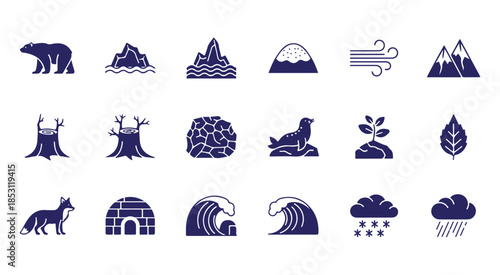 A collection of nature icons representing animals, landforms, weather, and plants