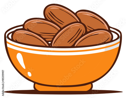 Bowl of sweet, brown dates with white stripes on an orange ceramic dish