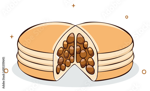 Playful cartoon stack of golden macarons cut open revealing tempting coffee bean style filling