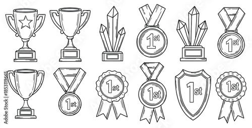 Collection of first place award icons including trophies medals and crystal achievement symbols outline