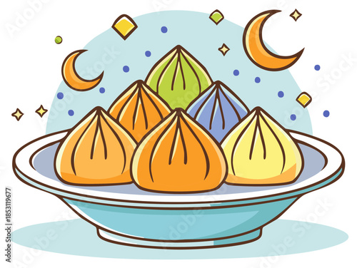 Vibrant Dumplings Served on a Plate Under a Crescent Moon and Stars