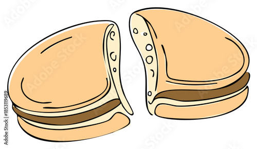 A single sweet French macaron cookie split in half to show the inside cream filling in a vector illustration style