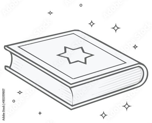Sacred book featuring Star of David symbol surrounded by radiant sparkles outline illustration