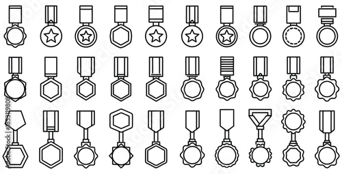 Collection of various achievement award medals and honor ribbons in black and white outline vector icons