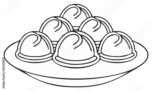 Steamed dumplings outlined in black and white on a plate ready to be served and eaten