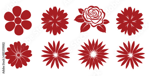 Collection of eight distinct deep red flower silhouettes perfect for decorative design elements and crafting