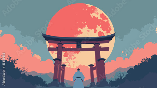 A Shinto priest in white robes bowing before a torii gate, silhouetted against a giant crimson moon. Minimalist vector illustration, clean lines