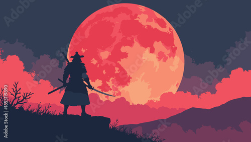 A lone samurai silhouette standing on a rocky cliff, katana sheathed, facing a massive blood-red moon. Flat vector art, high contrast, black and red palette