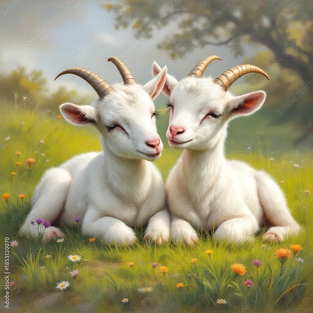 Fototapeta premium Whimsical portrait of two adorable white goats resting peacefully among vibrant wildflowers in a serene meadow, exuding pure tranquility and friendship