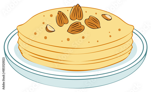 A stack of golden crepes topped with almonds served on a blue rimmed plate