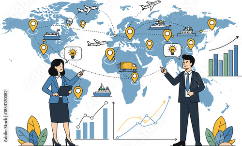 Global Business Logistics and International Supply Chain Vector Illustration with Shipping Routes, Data Analysis, and World Map Background.