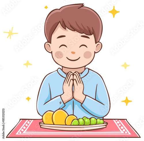 Joyful Boy with Praying Hands and Fruit Plate Celebrates a Special Occasion