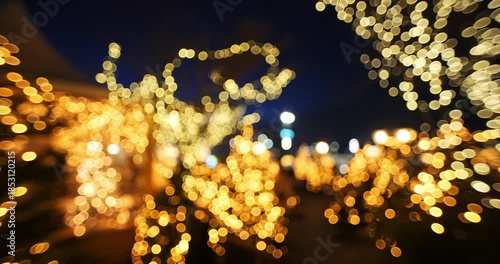 Abstract background of blurry city lights or bokeh lights at night. Blurry Christmas string lights, out of focus, no people, ultra wide angle, real time panning video