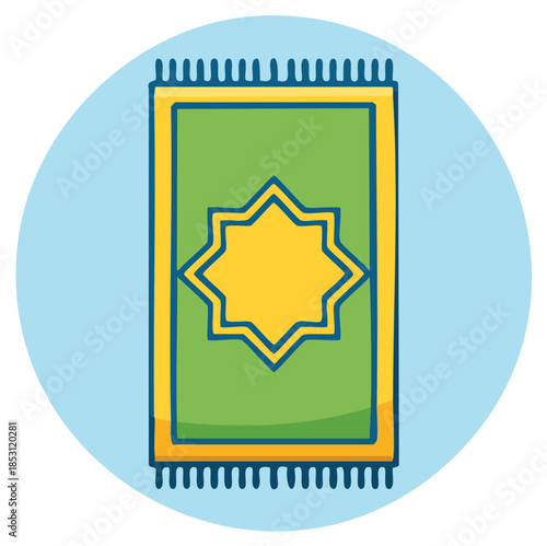 Vibrant green Islamic prayer mat with golden star pattern icon in a cheerful doodle style