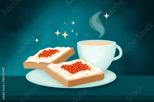 Delicious flat illustration of two slices of bread topped with creamy spread and red caviar, accompanied by a steaming cup of tea on a teal background, evoking a cozy atmosphere