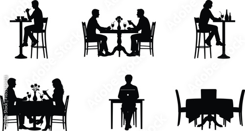 People dining silhouette illustration set showing couples and individuals eating drinking wine at restaurant tables isolated on white background lifestyle concept