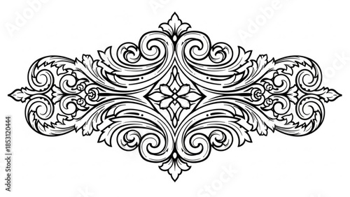 Intricate black and white symmetrical floral pattern with swirling leaves and curls on white background for design and decoration purposes with elegant detailed
