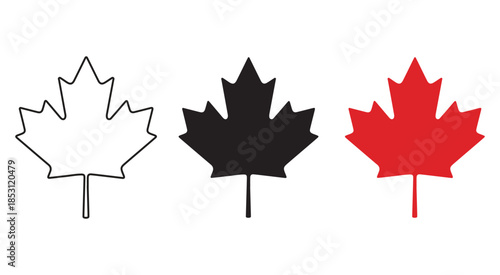 Three maple leaf icons representing different styles including outline, black, and red fill