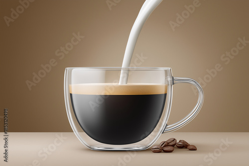 Freshly brewed coffee in a transparent glass cup, with creamy milk being poured in, creating a rich texture and inviting aroma, perfect for coffee lovers and enthusiasts