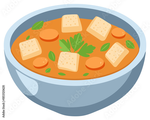 Bowl of hearty tofu soup with carrot slices, parsley and basil topping, cartoon illustration