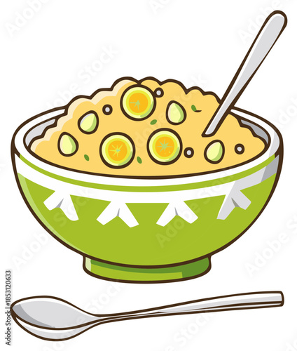 Bowl of food with spoon and sliced fruit illustration