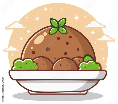 Earthy brown food dish with small items and green leaf garnish presented in a bowl delightful illustration