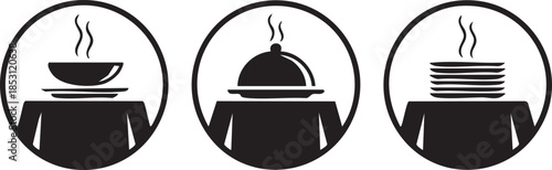 Buffet icon set illustration in black and white representing catered food services