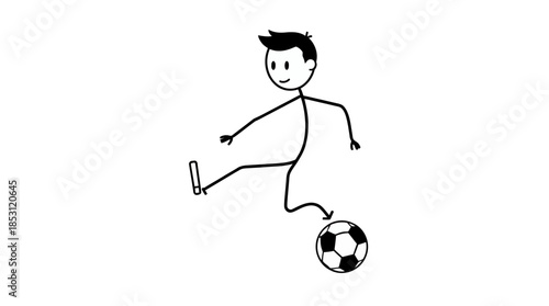 A cartoon vector illustration of a young boy soccer player silhouette kicking a ball for fun in a competitive football sports game