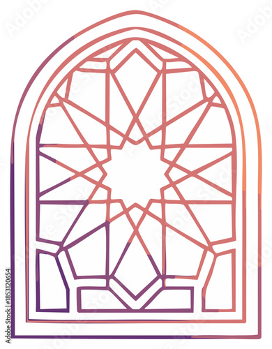 Arabic window illustration with geometric patterns and gradients in purple and pink tones.