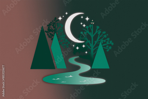 Nighttime landscape illustration featuring stylized trees, a winding river, and a crescent moon with stars, creating a serene and magical outdoor atmosphere