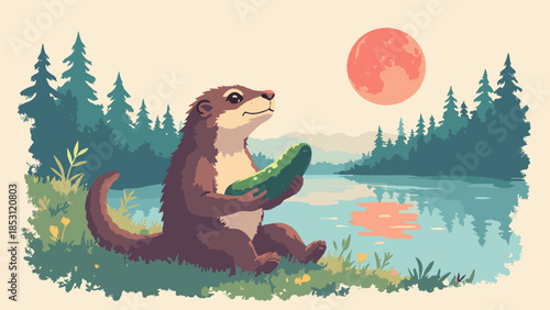 A Kappa sitting by a river holding a cucumber, looking up at a red moon. Cute mascot style vector, clean lines, white background