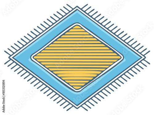 Diamond-shaped rug with blue border and yellow striped interior